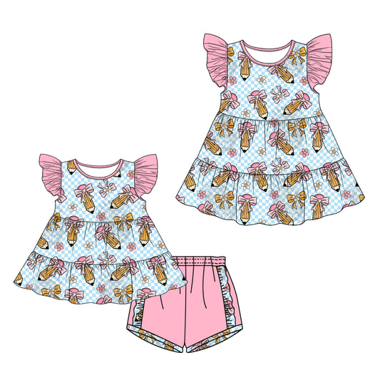 26.1.1 custom each style moq 5 eta 6-8week Sibling Sister pencil bow baby short sleeve shorts sets and dress match design