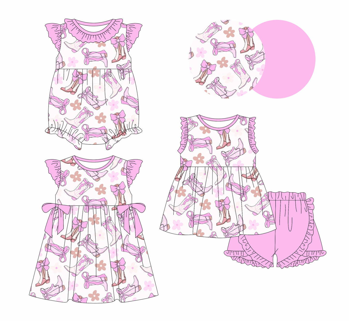 1.23 custom each style moq 5eta 4-6week Sibling Sisters boot bow floral baby girl short sleeve shorts sets and dress and rompers match family design