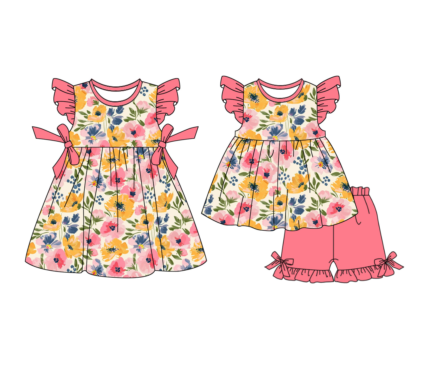 1.4 custom each style moq 5eta 4-6week Sibling Sister floral baby girl short sleeve shorts sets and dresses match design