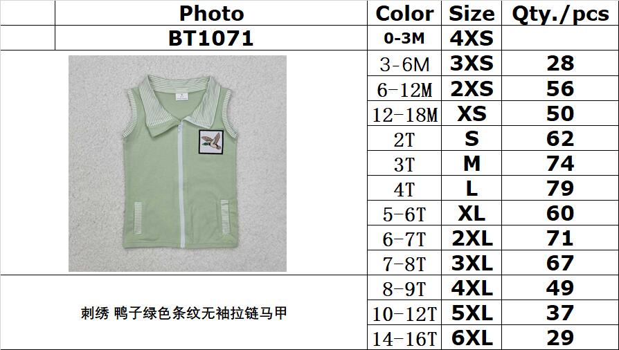 RTS NO MOQ ETA 6-7DAYS ARRIVED IT BT1071 Embroidered duck green striped sleeveless zip-up vest