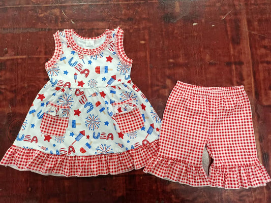 custom moq 5 eta 5weeks summer baby girls clothes USA 4th of July sleeveless red grid shorts Set
