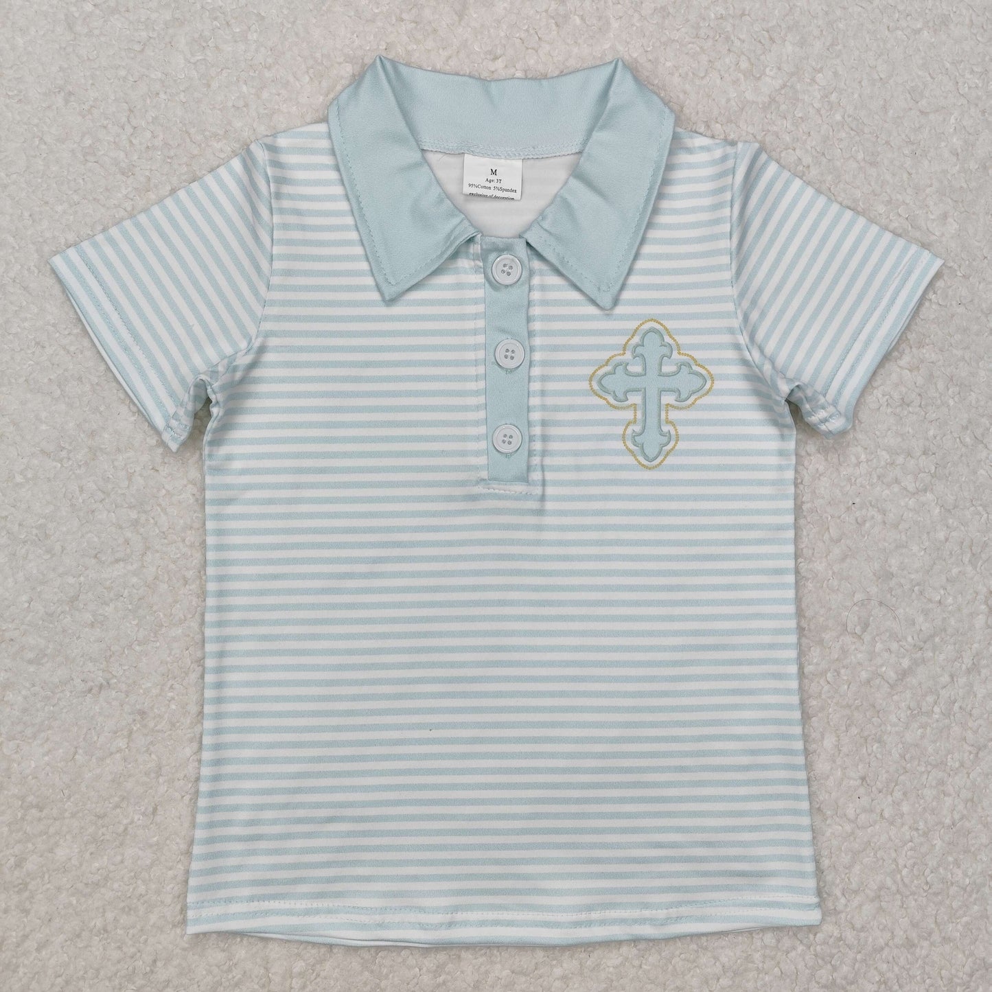 RTS NO MOQ ETA 5/7days arrived BT1045 Easter cross blue green striped short-sleeved top