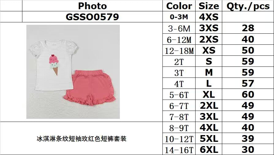 GSSO0579 Ice cream striped short-sleeved rose red shorts suit