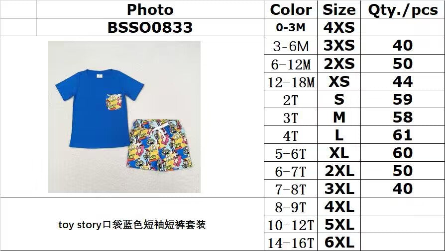 rts no moq BSSO0833 toy story pocket blue short-sleeved shorts suit