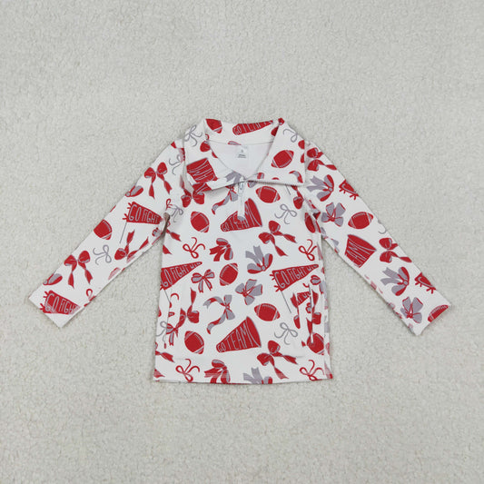 RTS NO MOQ（In Stock) GT1198 Football red flared bow pattern zippered long-sleeved yoga top