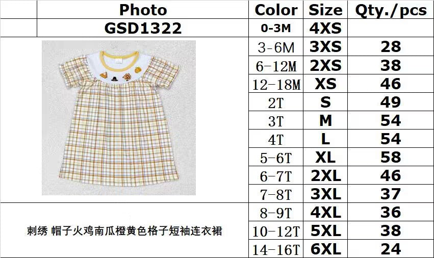 RTS no moq GSD1322 Embroidered hat turkey pumpkin orange and yellow plaid short-sleeved dress