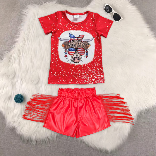RTS NO MOQ GT0114+SS0252 Alpine red short-sleeved top Red shiny leather fringed shorts sets