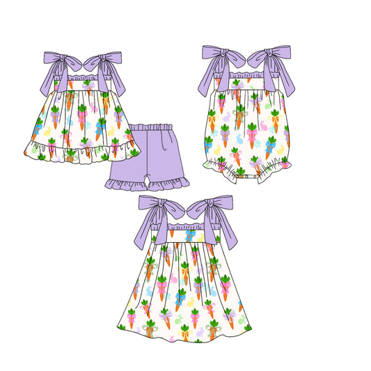 25.12.25 custom each style moq 5 eta 6-8week Sibling Sister easter carrot bow baby short sleeve shorts sets and romper and dress match design