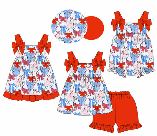 1.18 custom each style moq 5eta 4-6week Sibling Sisters bow baby girl short sleeve shorts sets and dress and rompers match family design