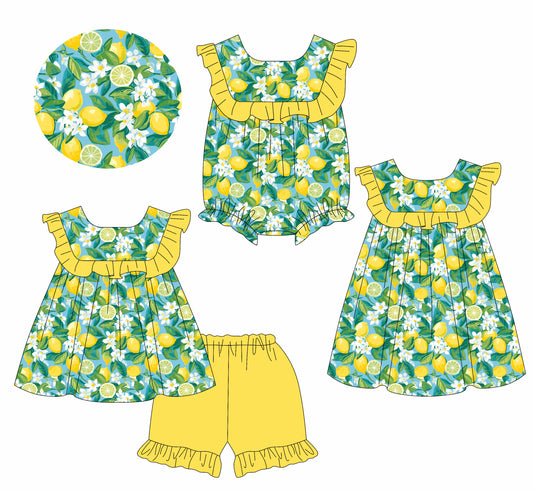 1.14 custom each style moq 5eta 4-6week Sibling Sisters lemon baby girl short sleeve shorts sets and dress and rompers match family design