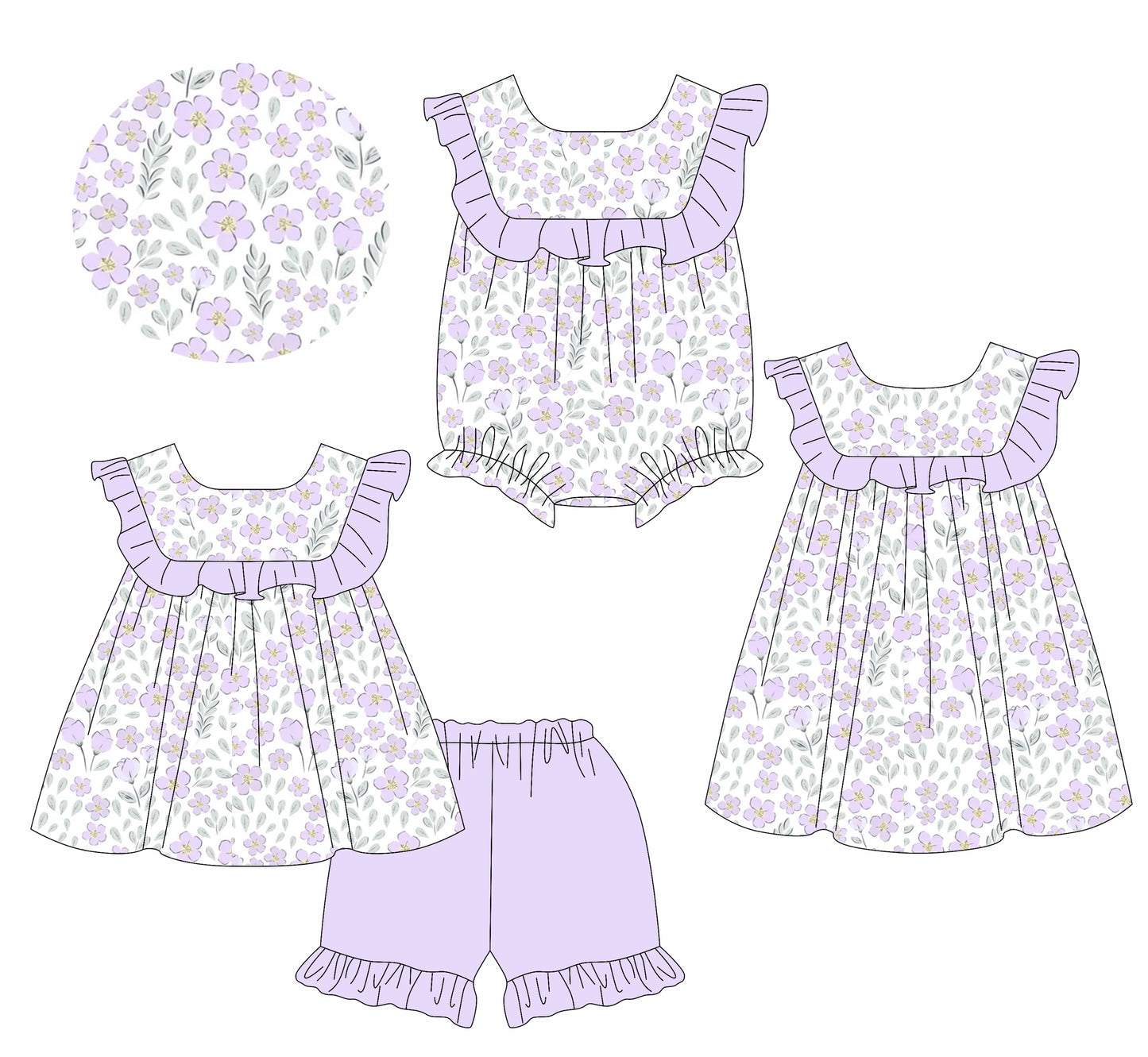 1.11 custom each style moq 5eta 4-6week Sibling Sister floral baby girl short sleeve shorts sets and dress and rompers match family design