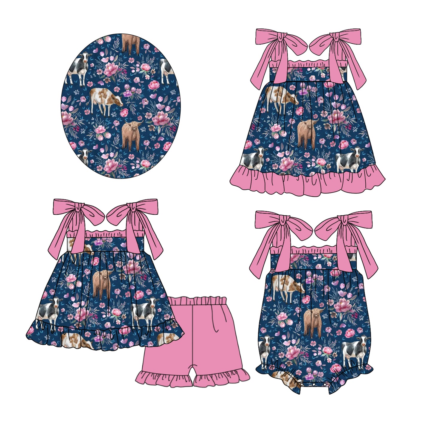 1.23 custom each style moq 5eta 4-6week Sibling Sisters cow floral baby girl short sleeve shorts sets and dress and rompers match family design