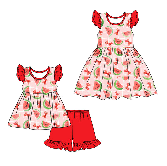 1.2 custom each style moq 5eta 4-6week Sibling Sister watermelon bow baby girl short sleeve shorts sets and dresses match design