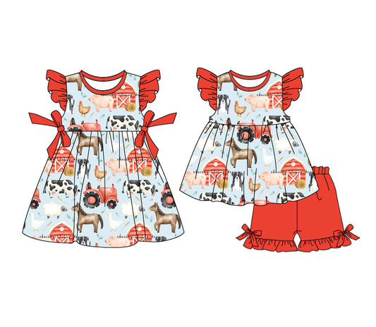 1.6 custom each style moq 5eta 4-6week Sibling Sister farm animal baby girl short sleeve shorts sets and dresses match design