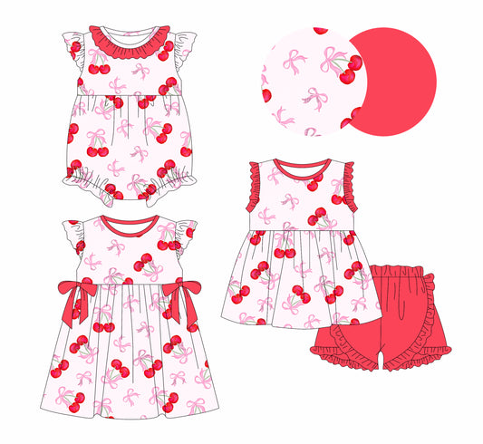 1.4 custom each style moq 5eta 4-6week Sibling Sistes bow cherry baby girl short sleeve shorts sets and dress and rompers match family design