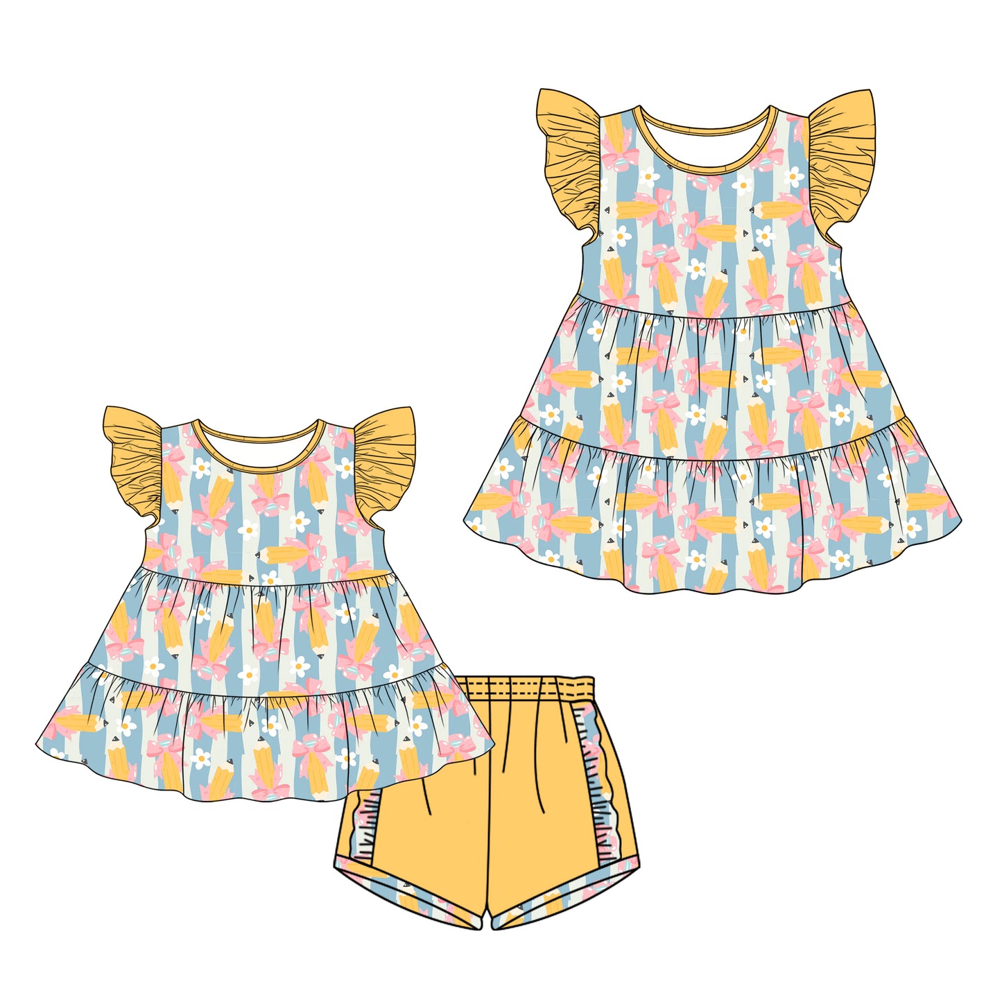 26.1.1 custom each style moq 5 eta 6-8week Sibling Sister pencil bow baby short sleeve shorts sets and dress match design