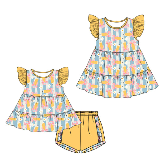26.1.1 custom each style moq 5 eta 6-8week Sibling Sister pencil bow baby short sleeve shorts sets and dress match design