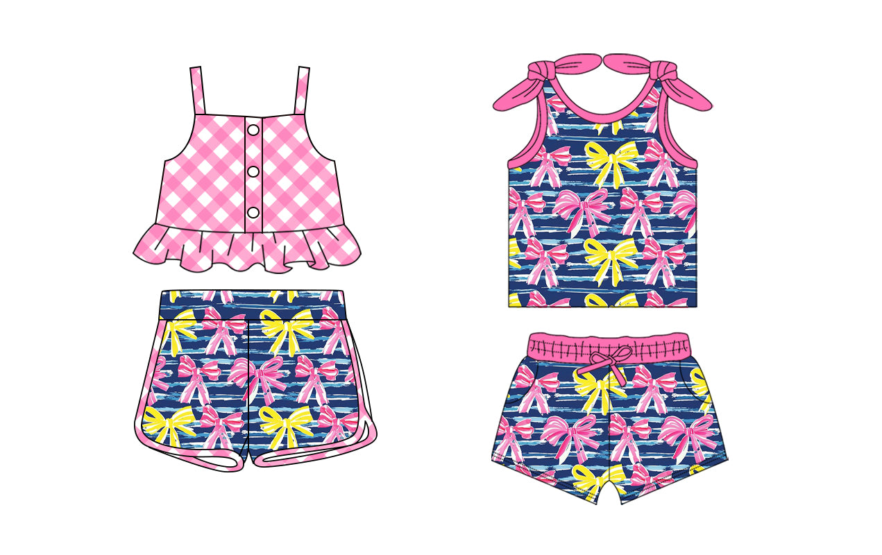 2.8 custom each style moq 5eta 4-6week Sibling Sister bow baby girls short sleeve shorts sets and set 2 match design