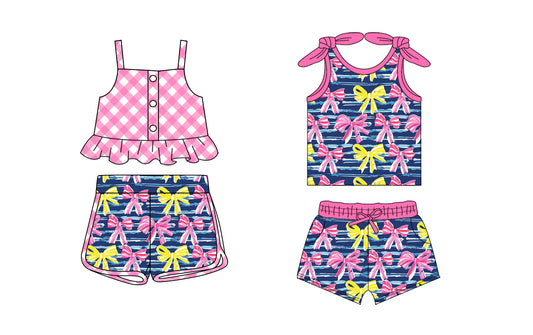 2.8 custom each style moq 5eta 4-6week Sibling Sister bow baby girls short sleeve shorts sets and set 2 match design