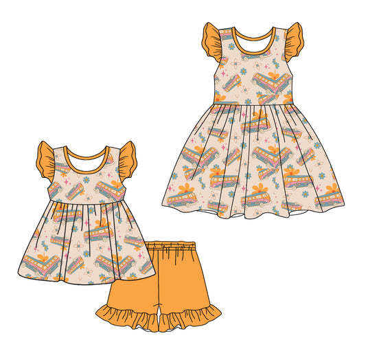 2.14 custom each style moq 5eta 4-6week Sibling Sister bus floral baby girl short sleeve shorts sets and dresses match design