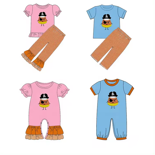 5.15custom each style moq 5eta 4-5week Sibling Sister pirate corn print blue pink girls and boys outfits and baby romper match family design