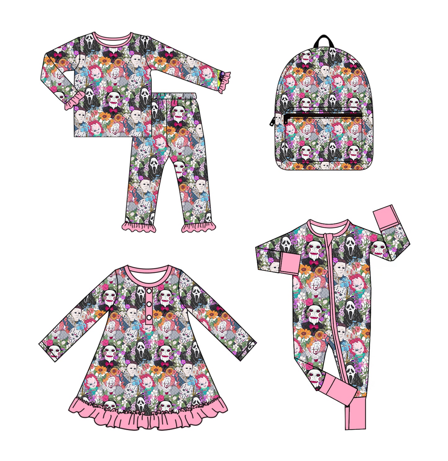 5.2custom each style moq 5eta 4-5week Sibling Sister Halloween cartoon character prints pink girls set and dress and baby romper and backpack match family design