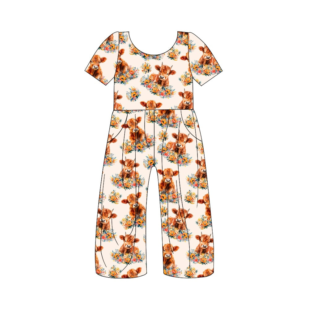 5.1custom each style moq 5eta 4-5week bull head sunflower prints orange jumpsuits