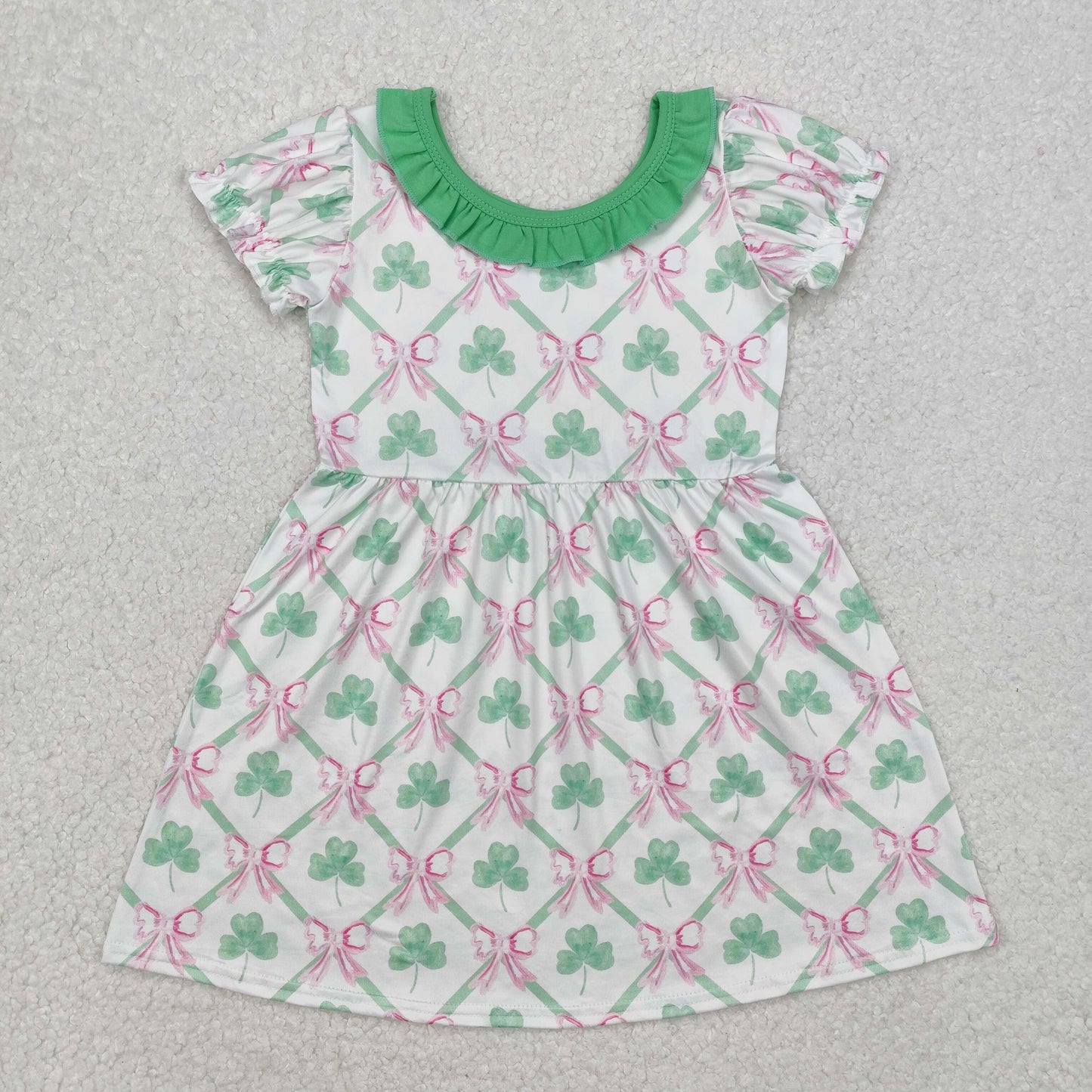 RTS NO MOQ ETA 5/7days Arrived GSD1493 White short-sleeved dress with four-leaf clover bow pattern green lace