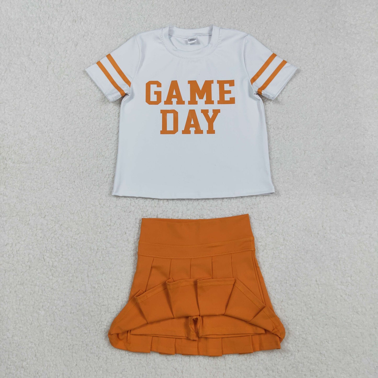 RTS NO MOQ（In Stock) GT1116+GLK0109 Game Day short-sleeved yoga top with offset lettering and stripes Solid yellow and orange yoga skirt set