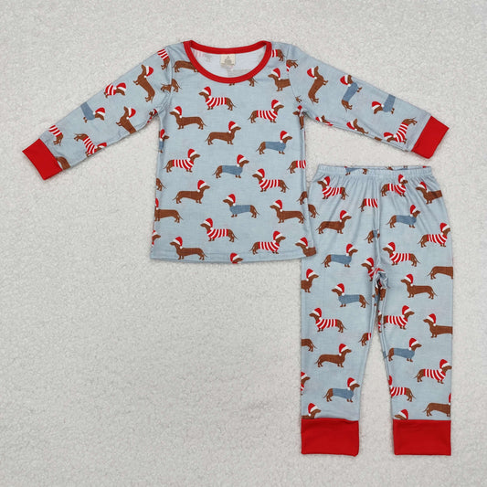 BAMBOO RTS NO MOQ ETA 5/7days arrived BLP0515 Modal Christmas hat puppy blue long-sleeved trousers pajamas set