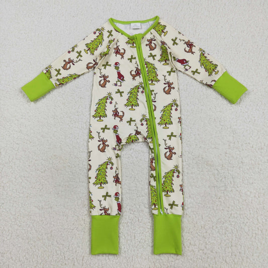 RTS NO MOQ（In Stock) LR2481 Christmas tree puppy green bow pattern zipper long sleeve jumpsuit