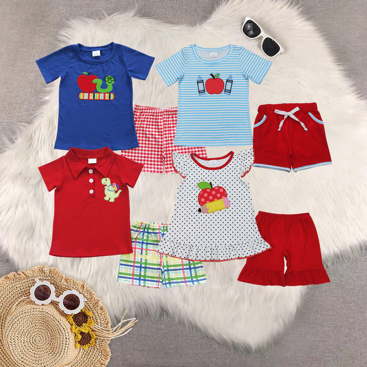 RTS NO MOQ baby girl clothes embroidery back to school short-sleeved shorts suit & short-sleeved sets