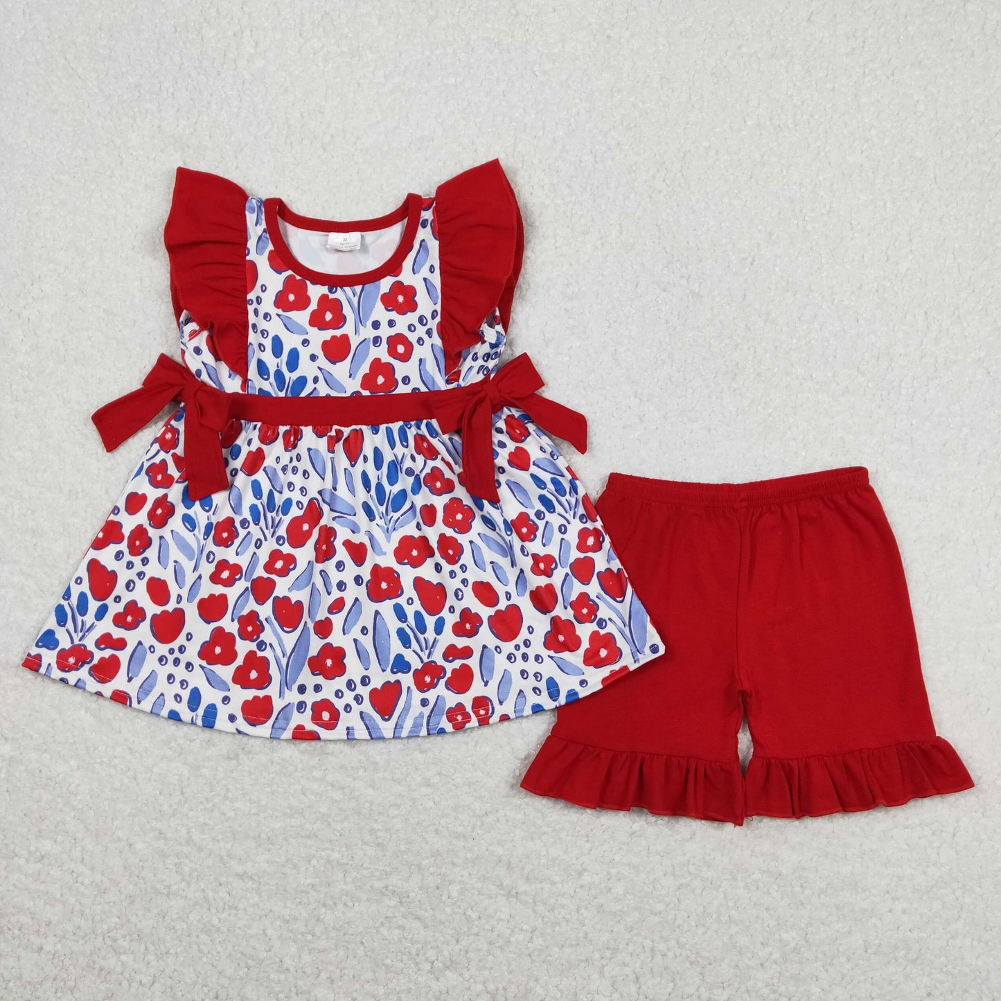 GSSO0609 Flower red lace bow flying sleeve shorts suit