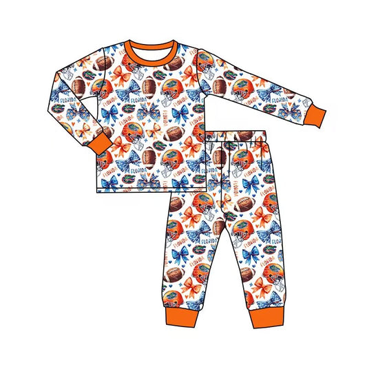 Custom moq 3 eat about 6/8weeks moq 5 eta 5/6weeks baby boys clothes bow rugby orange long sleeve pants pajamas outifts