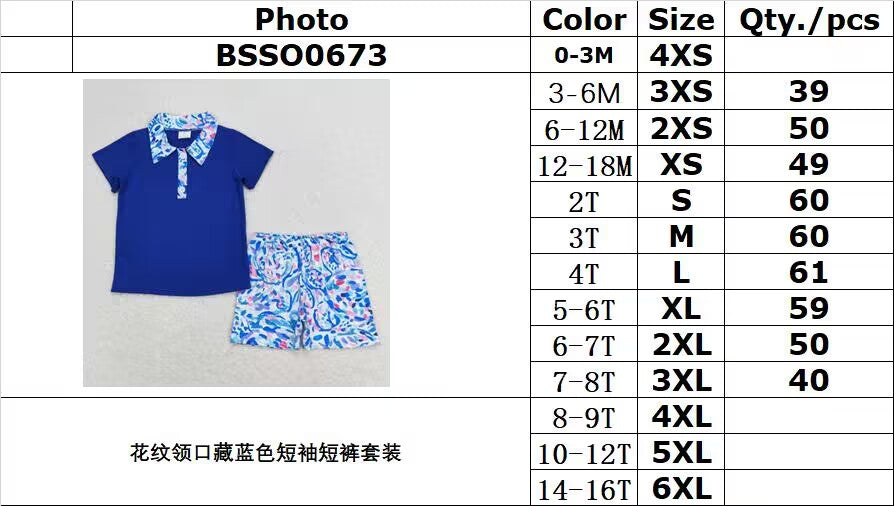 BSSO0673 Patterned collar navy blue short-sleeved shorts suit