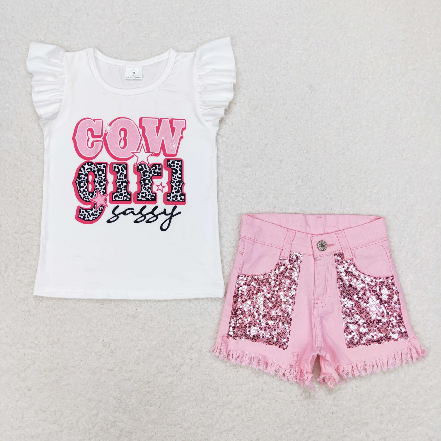 RTS NO MOQ GT0504+SS0230  cowgirl sassy letter white lace sleeve top pink sequin denim shorts sets