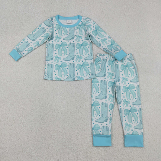 RTS NO MOQ（In Stock) Green Boots with Bow Pattern White Long-Sleeved Pants Pajama Set