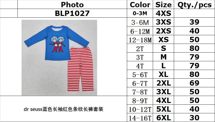 RTS NO MOQ ETA 5/7days Arrived BLP1027 Dr Seuss blue long sleeve red stripes long pants set