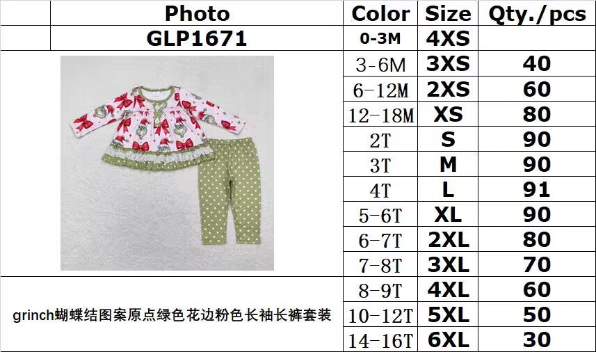 rts no moq GLP1671 Grinch bow pattern original green lace pink long-sleeved trousers suit