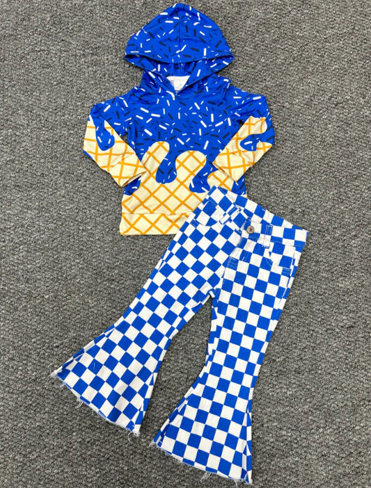 RTS NO MOQ Baby Girls Hot Blue Drip Hoodie Top and Bell Bottom Pants, Team Sets