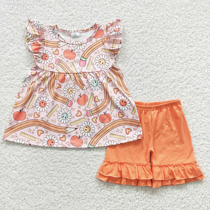 RTS NO MOQ baby girl clothes back to school short-sleeved shorts suit & short-sleeved sets