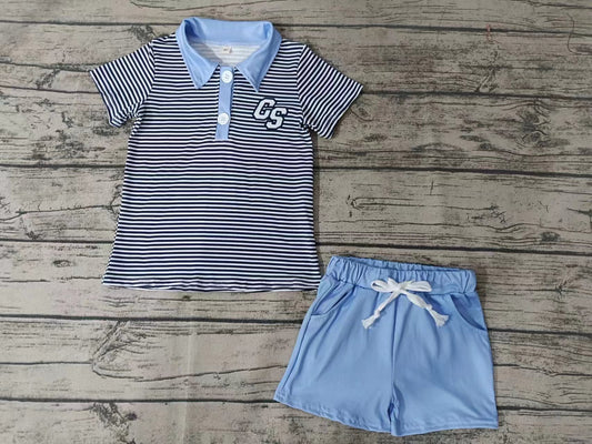 custom moq 5 eta 4-6weeks summer baby boys clothes team blue short sleeve shorts set