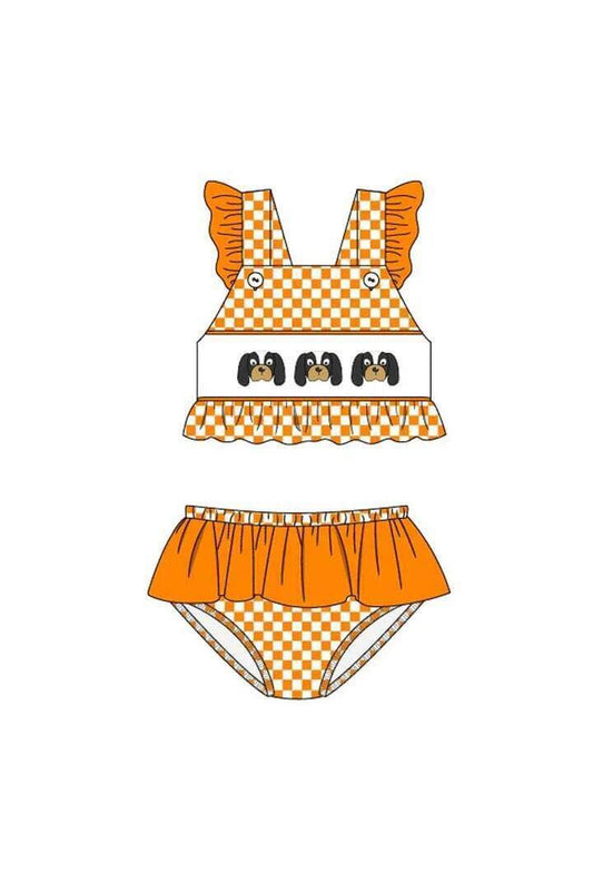 baby girl clothes team girl orange grid summer fly sleeve swimsuit beach wear