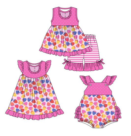 25.12.25 custom each style moq 5 eta 6-8week Sibling Sister strawberry baby short sleeve shorts sets and romper and dress match design