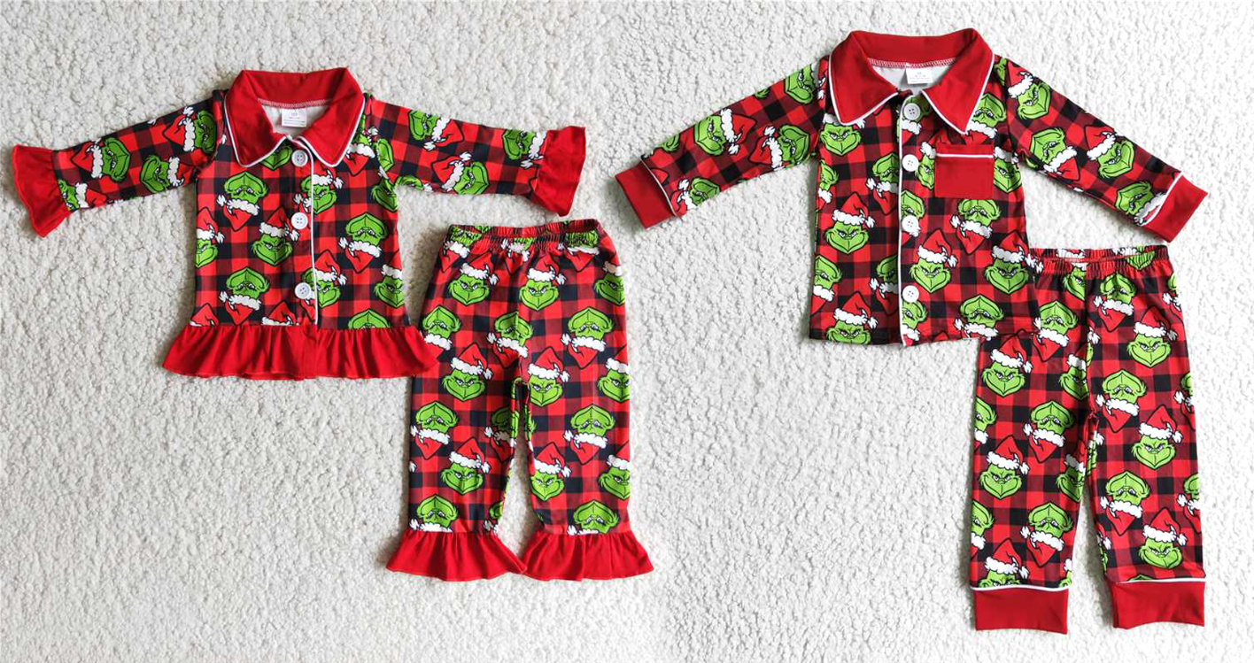 Baby Girls boys Christmas dress up cartoon print Black and red plaid pajamas Family siblings set