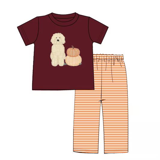 5.10custom each style moq 5eta 4-5week Sibling Sister puppy pumpkin prints brown girls and boys set and baby romper match family design