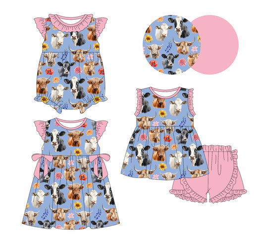 1.23 custom each style moq 5eta 4-6week Sibling Sisters cow floral baby girl short sleeve shorts sets and dress and rompers match family design