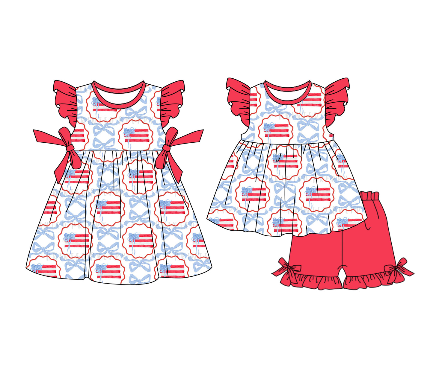 1.4 custom each style moq 5eta 4-6week Sibling Sister flag baby girl short sleeve shorts sets and dresses match design