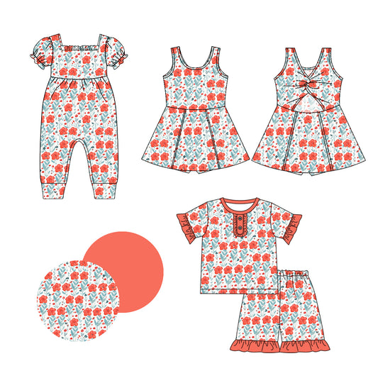 1.3 custom each style moq 5eta 4-6week Sibling Sister floral baby girl short sleeve shorts sets and dresses and romper match design