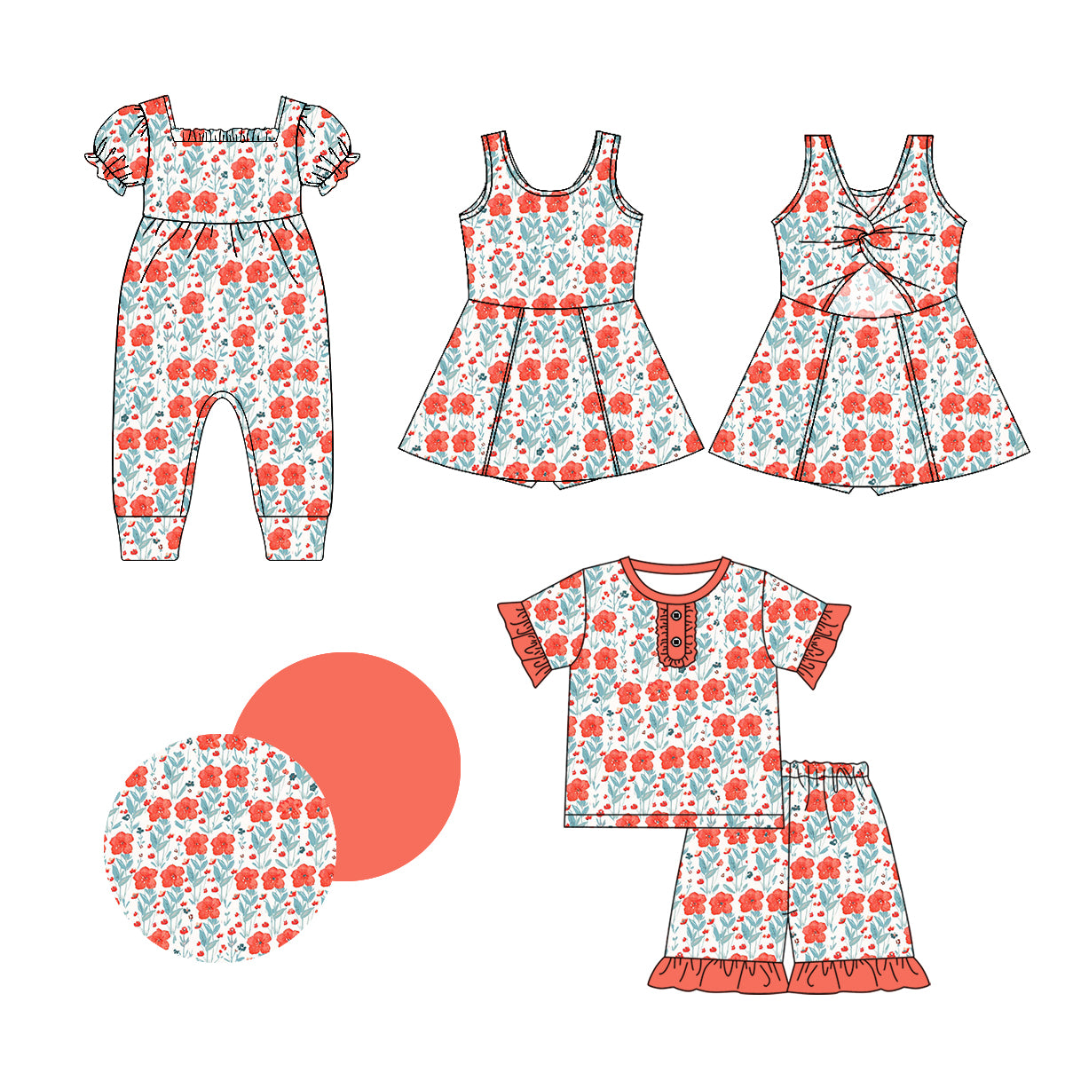 1.3 custom each style moq 5eta 4-6week Sibling Sister floral baby girl short sleeve shorts sets and dresses and romper match design